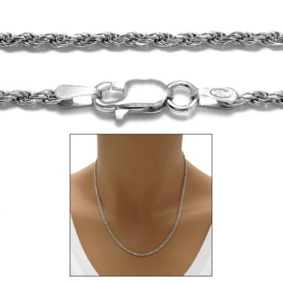 STERLING SILVER RHODIUM FINISH ROPE CHAIN NECKLACE 2.0MM (GAUGE 040) - Picture 1 of 2